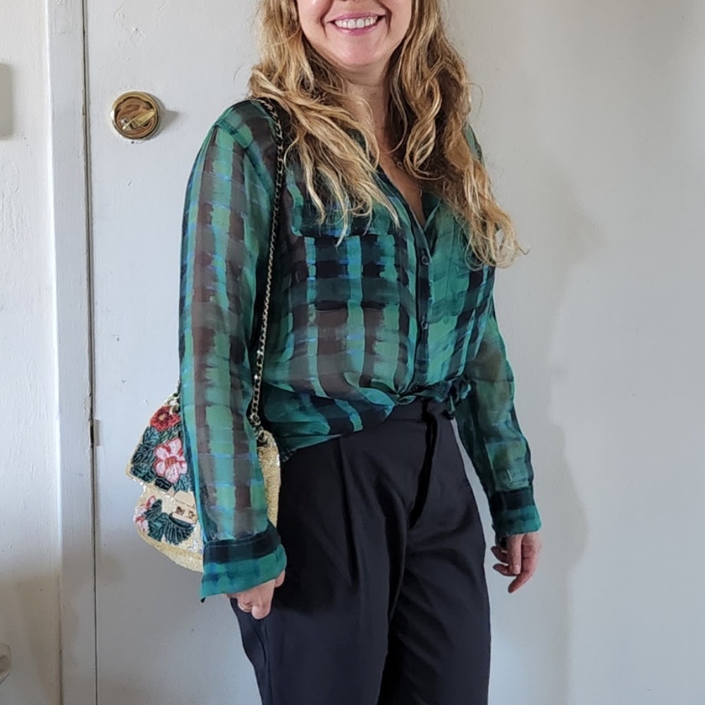 Equipment Green plaid sheer silk button down shirt/blouse Sz S